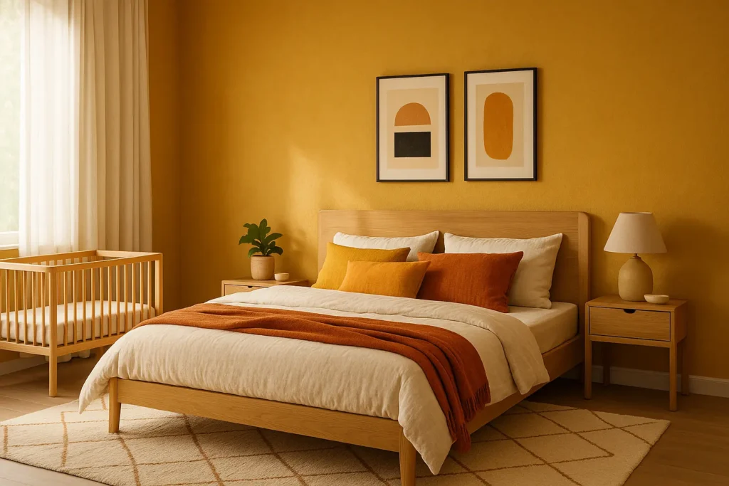 Les couleurs chaudes et solaires : jaunes et orangés en vedette pour la chambre en 2025