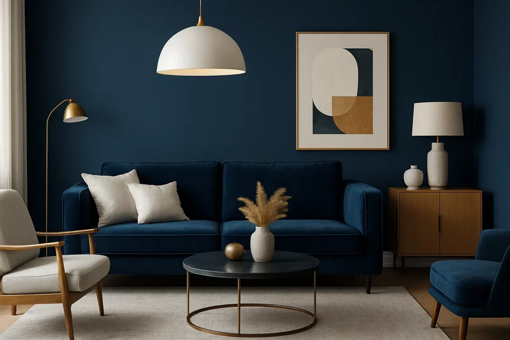 Bleu profond et intemporel - la couleur tendance 2025 pour salon sophistiqué