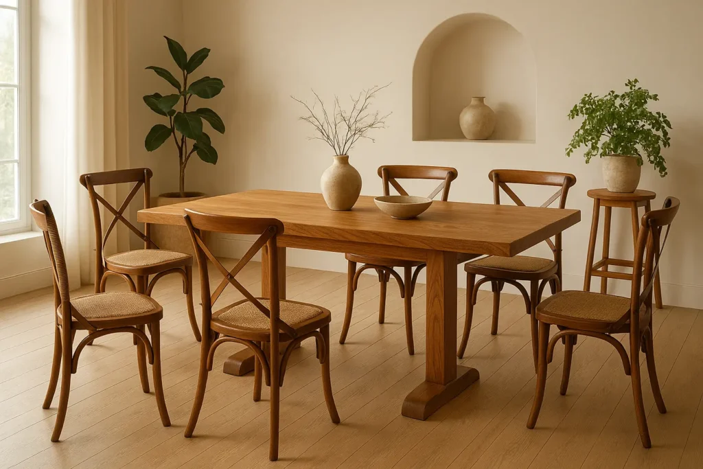 Des meubles et chaises en bois d'orme pour un intérieur chaleureux