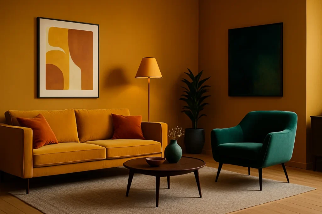 couleur peinture salon tendance 2025_ jaune moutarde et ocre doré