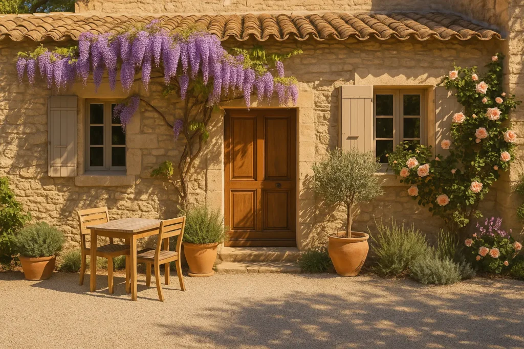 Créez un aménagement extérieur devant une maison avec des plantes et végétaux