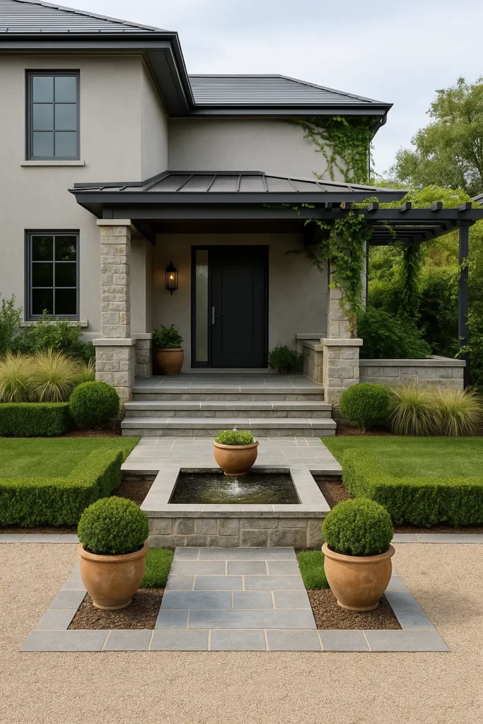 Éléments décoratifs et architecturaux pour un aménagement extérieur devant une maison de caractère