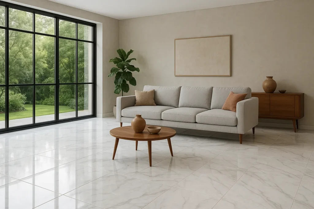 L'effet pierre naturelle reste un grand classique du carrelage salon moderne