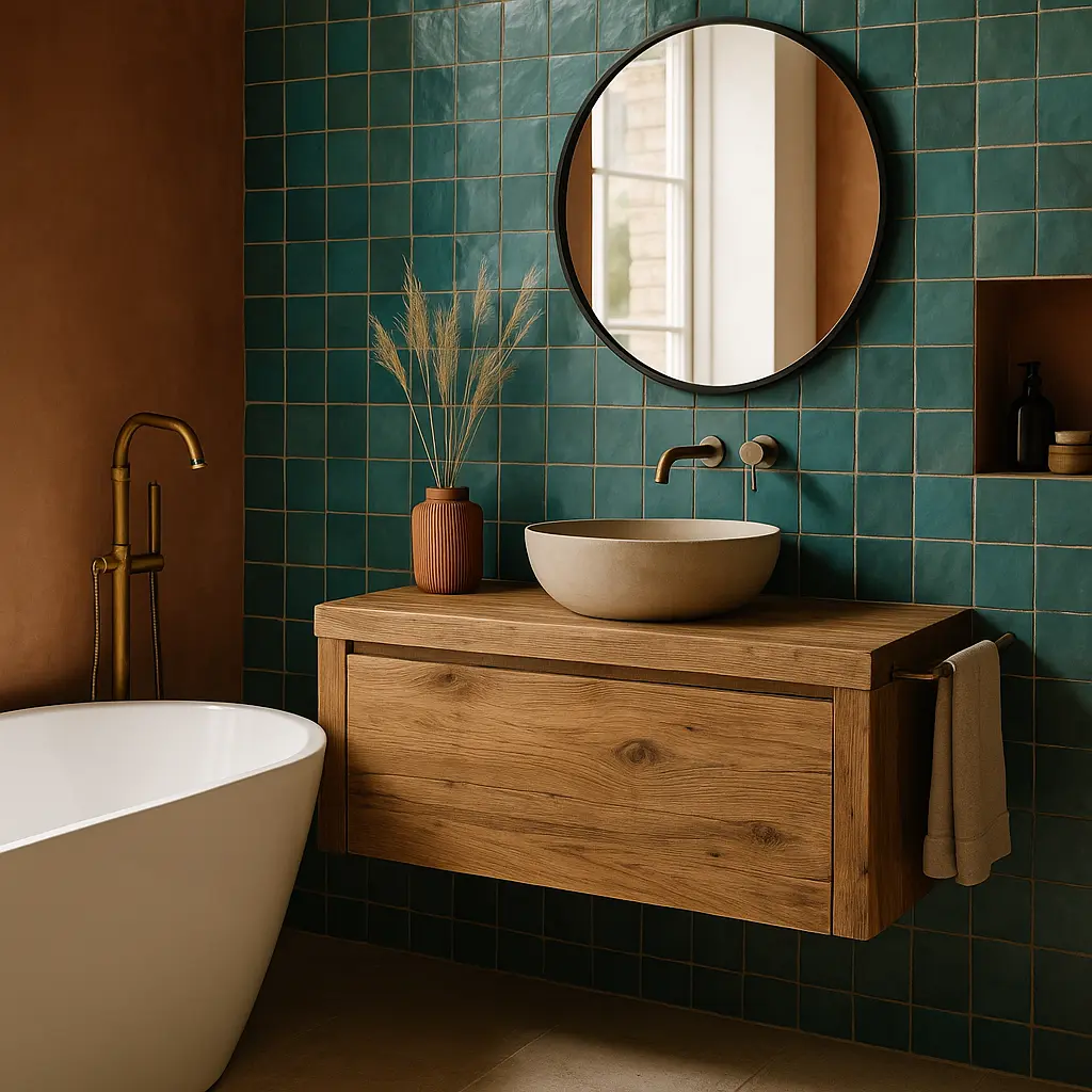 Matériaux et textures à associer avec vos couleurs tendance salle de bain moderne