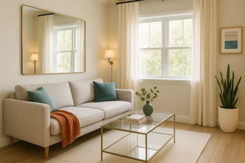 Utiliser les miroirs et autres astuces d'agrandissement visuel du salon 10 m2