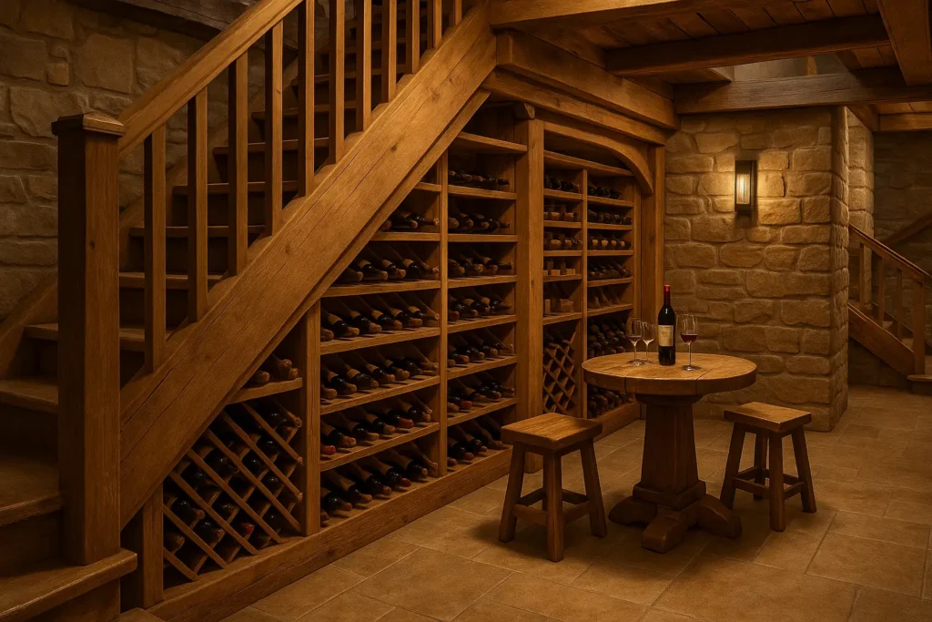 aménagement d'une cave à vin sous escalier