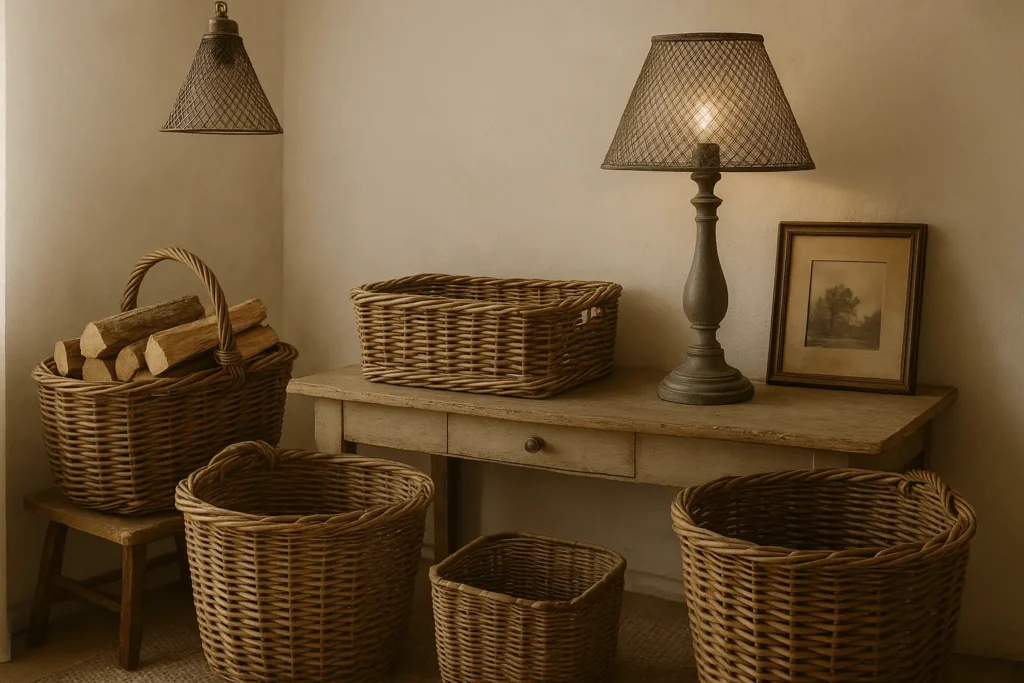 Osier, rotin et métal patiné pour une déco campagne chic authentique