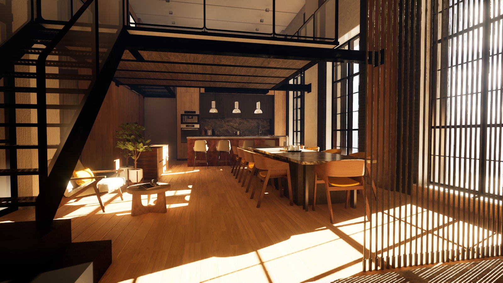 Appartement de style contemporain aux volumes ouverts et au mobilier de formes simples.