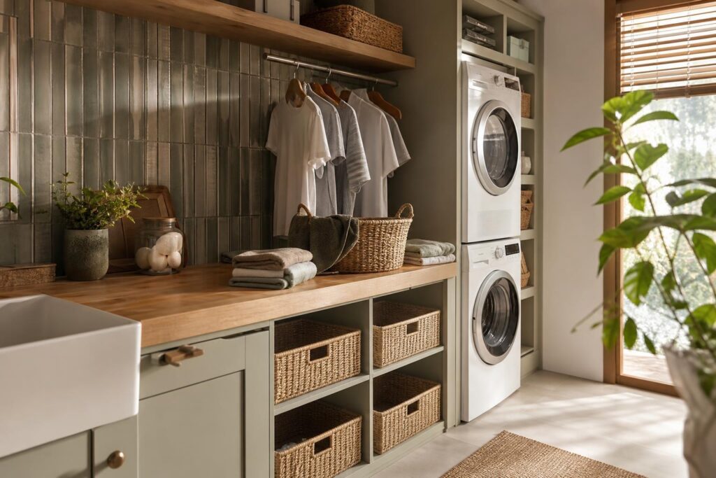 Buanderie chaleureuse avec plan de travail en bois, paniers en osier tressé et colonne lave-linge sèche-linge.