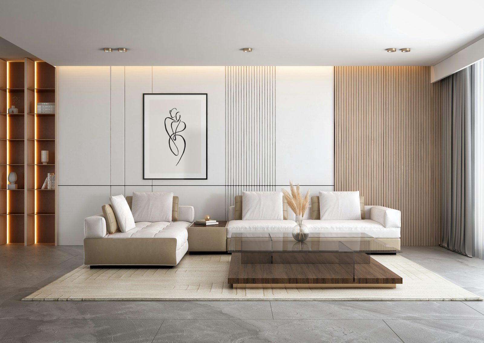 Canapé en lin beige installé le long d'un mur dans un petit salon, table basse en bois devant.