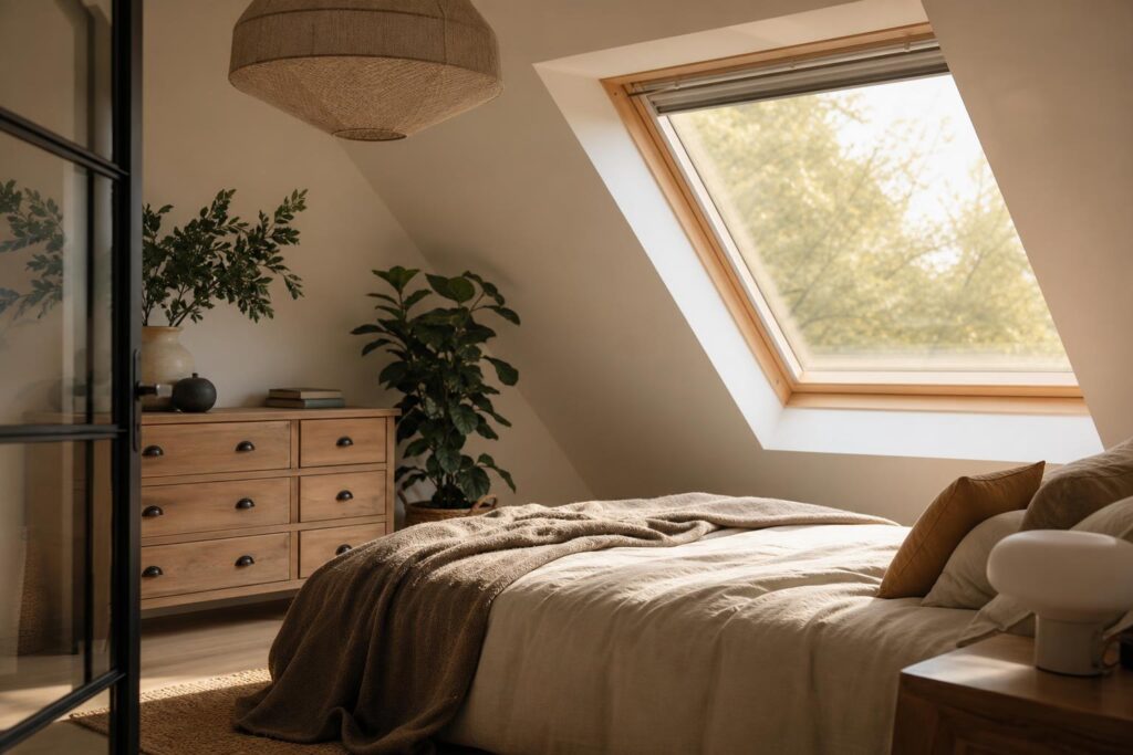 Chambre aménagée sous les combles, plafond rampant en pente et fenêtre de toit diffusant une lumière chaude.