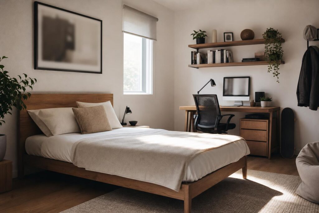 Chambre d'adolescent avec lit en bois, coin bureau et étagères murales dans des tons neutres.
