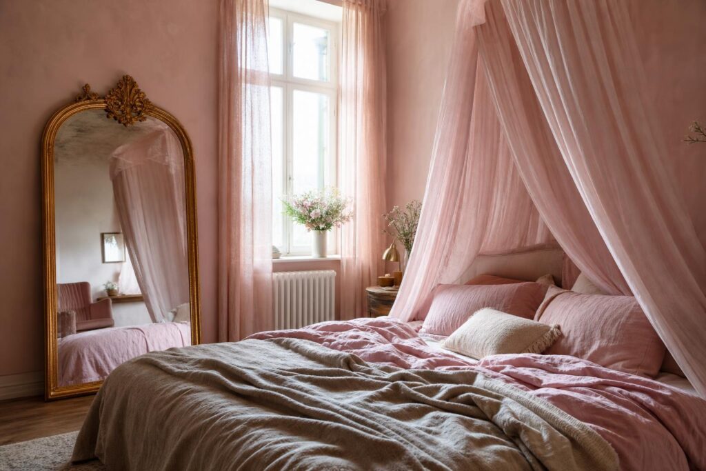 Chambre romantique aux tons rose poudré, lit habillé d'un voile de lin et miroir ancien doré au mur.