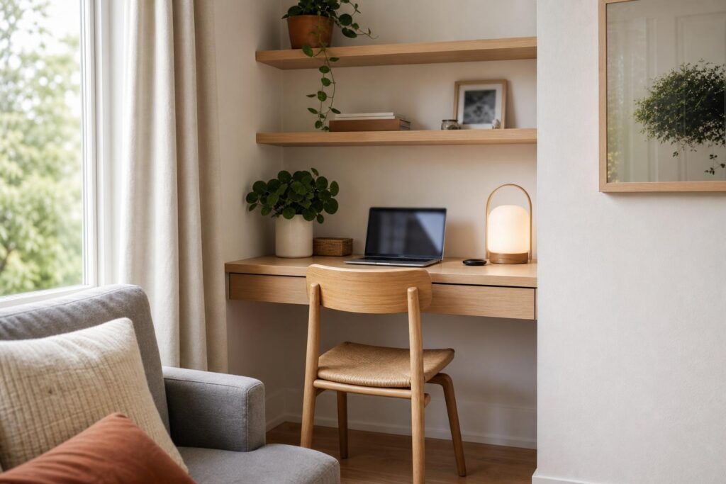 Coin bureau compact en bois clair installé dans l'angle d'un salon, près d'une fenêtre.