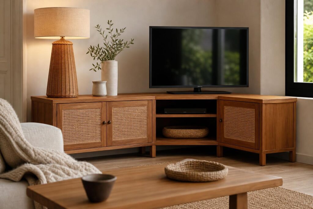 Coin de salon avec meuble TV d'angle en bois massif à portes cannées, lampe en rotin et lumière naturelle.