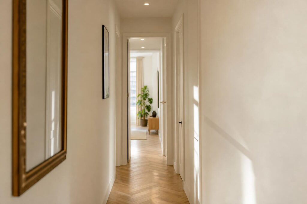 Couloir étroit peint dans un blanc chaud, portes ton sur ton et parquet clair baigné de lumière.