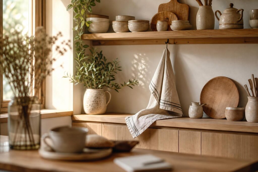 Cuisine chaleureuse en bois clair avec étagères ouvertes, céramiques artisanales et torchon en lin.