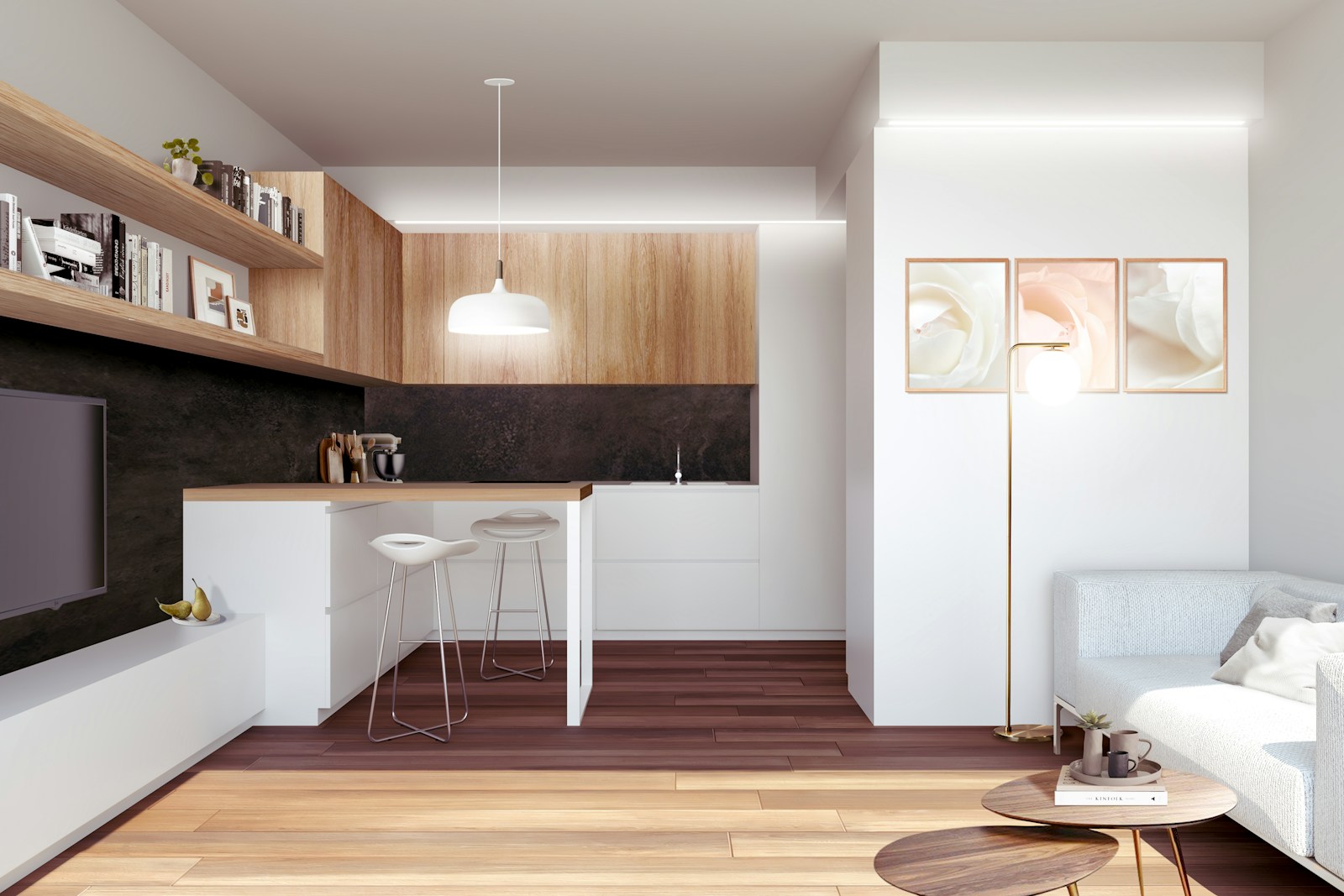 Cuisine en L ouverte sur le salon, façades en bois et plan de travail clair.