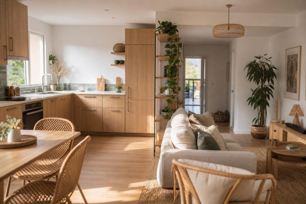 Cuisine ouverte en L sur un salon de 25 m², bois clair, rotin et lumière naturelle.