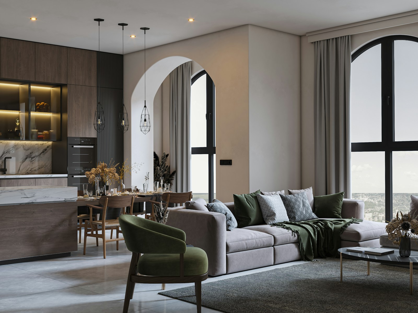 Cuisine ouverte sur un salon lumineux dans un appartement