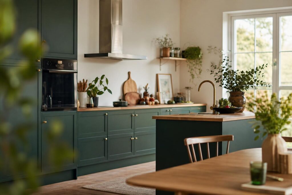 Cuisine repeinte en vert profond avec murs blanc chaud et lumière naturelle.