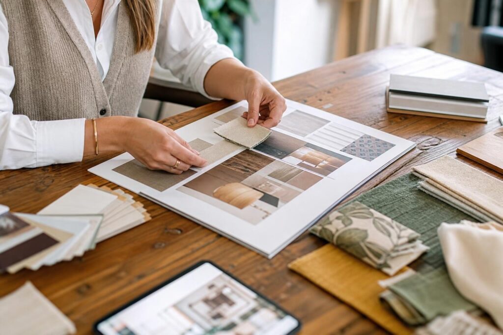 Décoratrice d'intérieur présentant une planche d'ambiance et des échantillons de tissus sur une table en bois.
