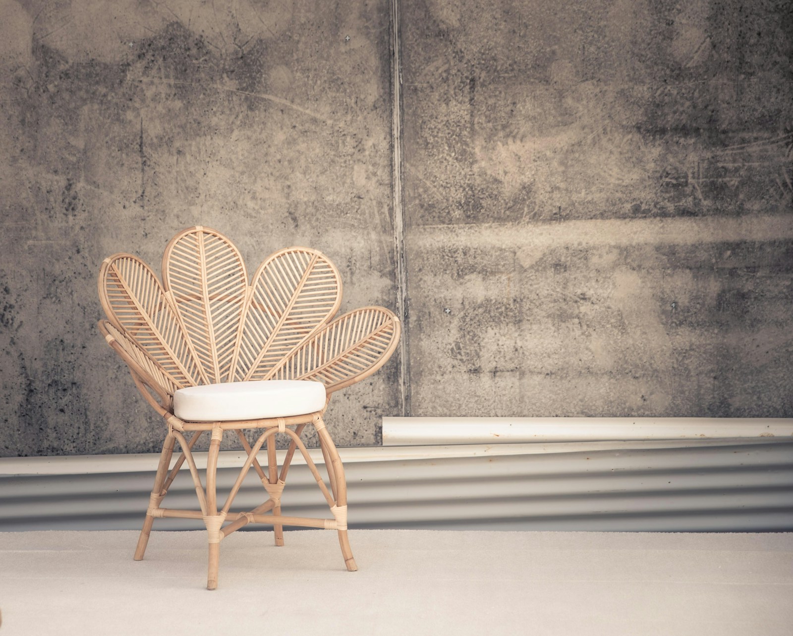 Fauteuil rond en rotin placé en biais dans l'angle d'un salon, près d'une plante.