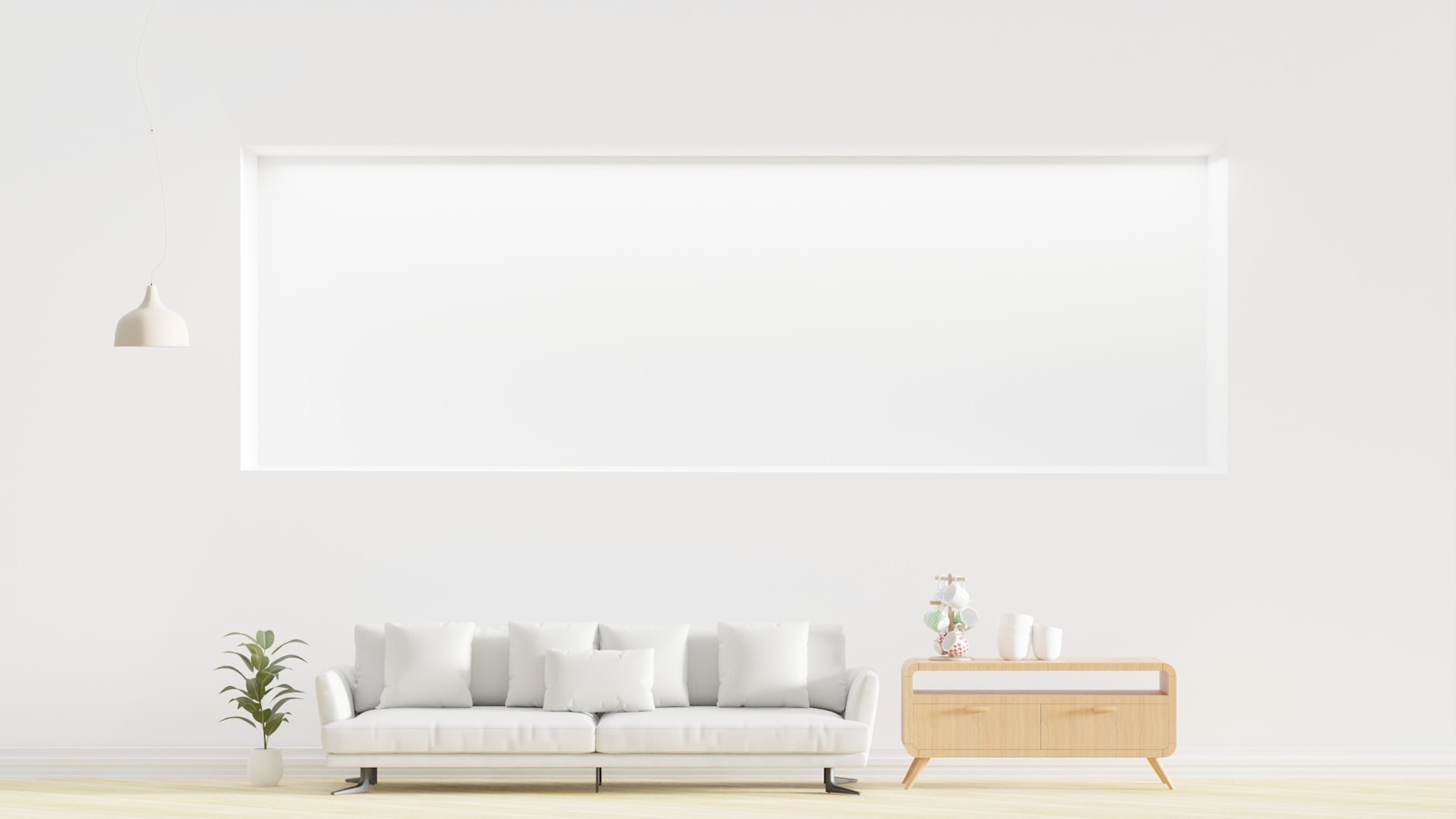 Grand mur blanc nu au-dessus d'un canapé clair dans un salon lumineux.