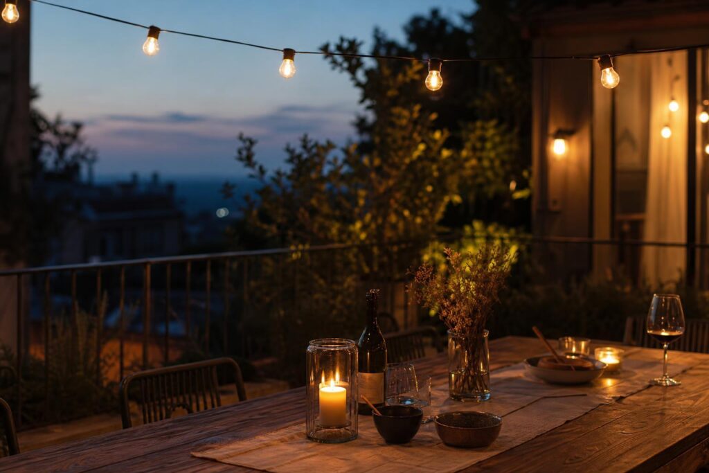 Guirlande lumineuse à ampoules tendue au-dessus d'une table en bois sur une terrasse, à la tombée du soir.