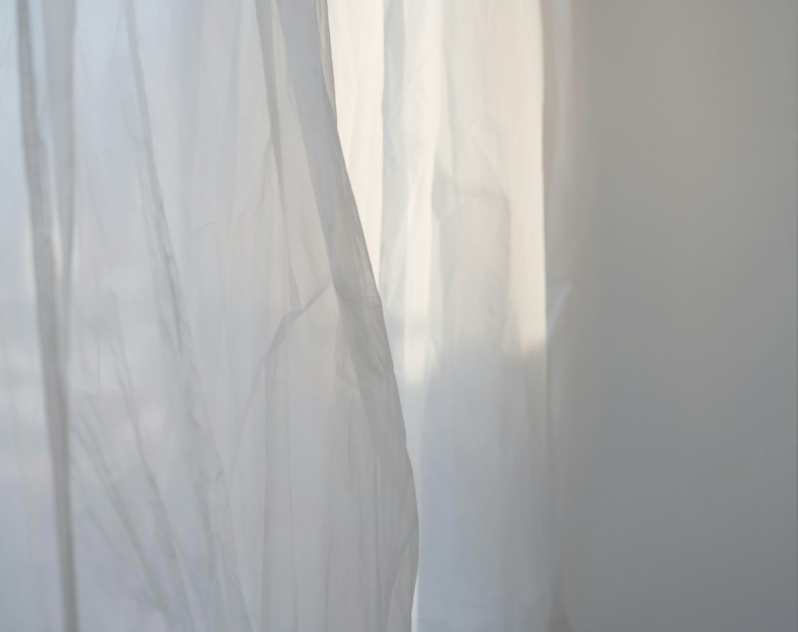 Lumière du jour filtrée par un rideau en voile de lin devant une fenêtre.