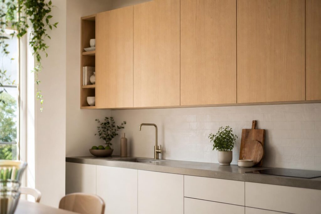 Meubles hauts en bois clair posés au-dessus d'un plan de travail dans une cuisine lumineuse.