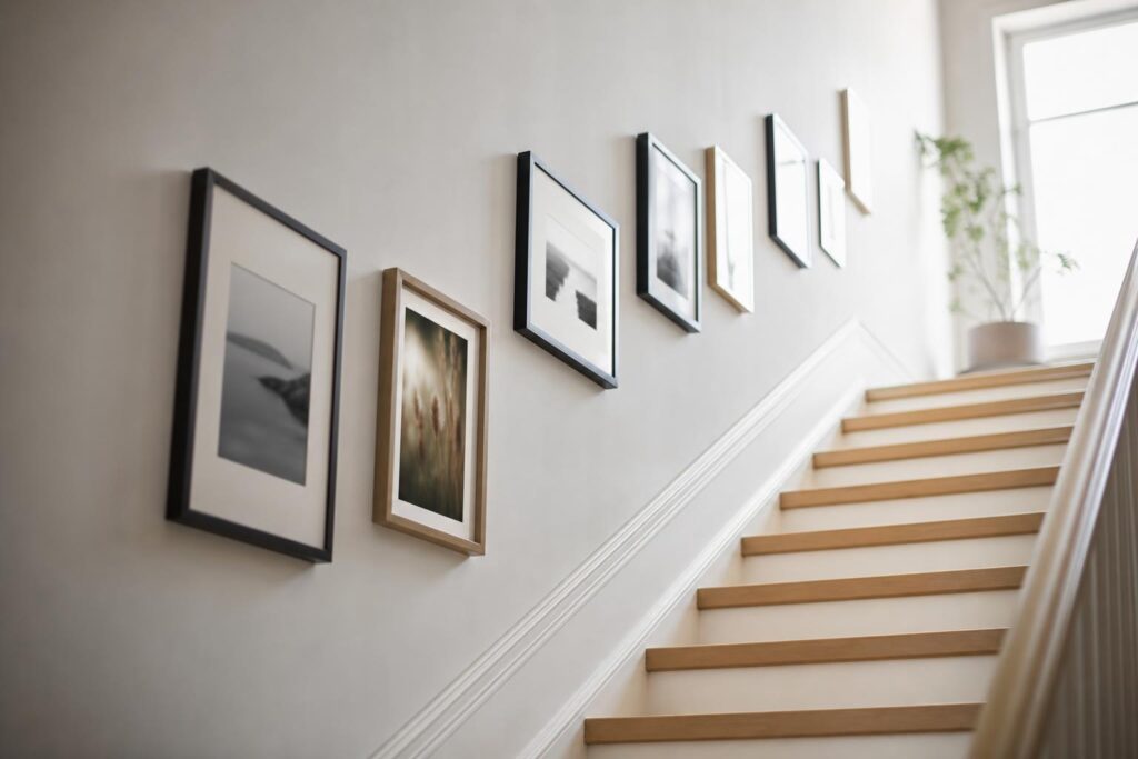 Montée d'escalier claire avec une galerie de cadres accrochés en suivant la pente des marches.