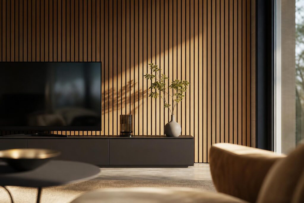Mur en tasseaux de bois de chêne posés verticalement dans un salon baigné de lumière rasante.