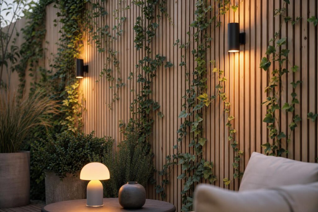 Mur extérieur de terrasse habillé de tasseaux de bois clair avec plantes grimpantes et lumière chaude.