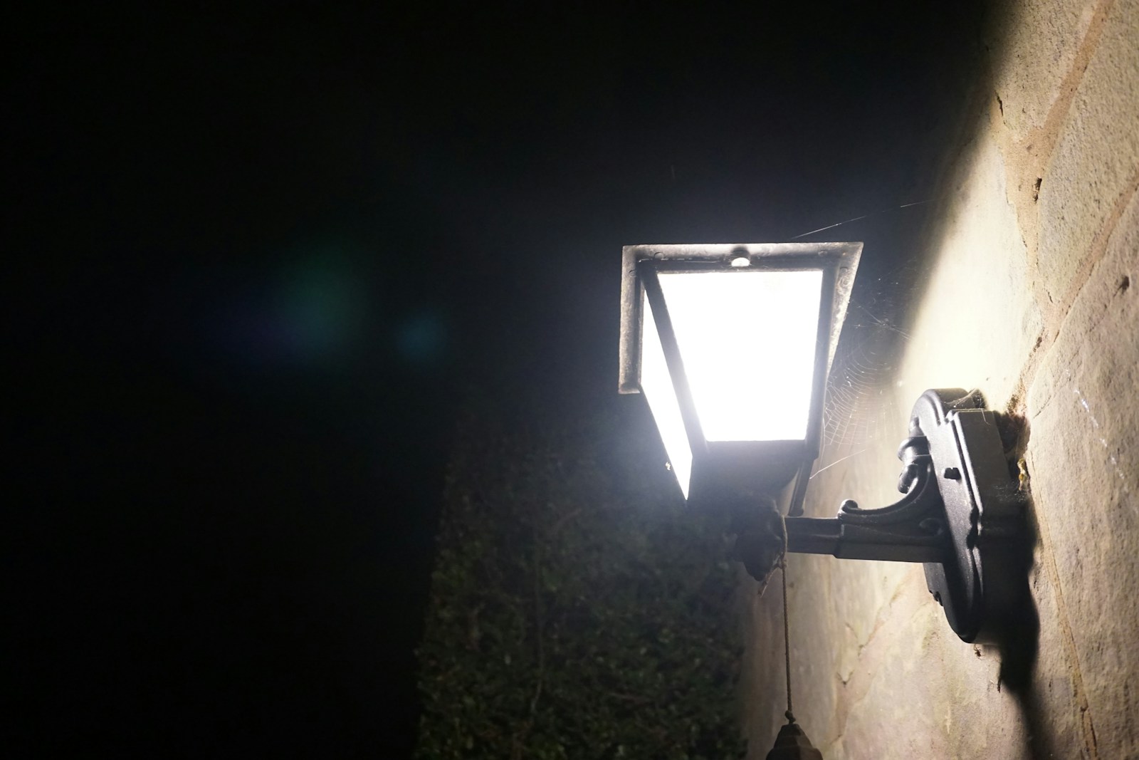 Papillon de nuit tournant autour d'une lampe extérieure allumée.