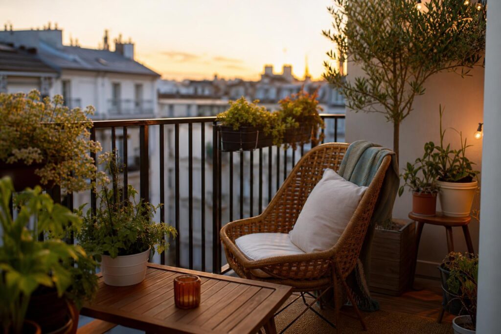 Petit balcon urbain aménagé avec du mobilier en bois, un fauteuil tressé et des plantes en pot dans la lumière du soir.