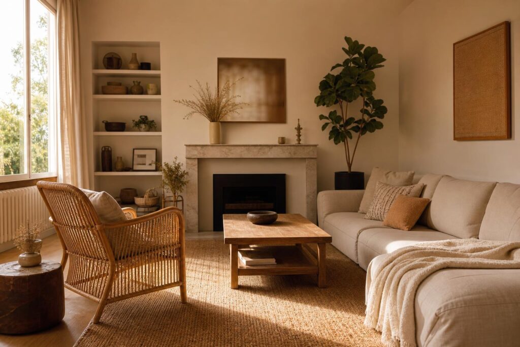 Petit salon carré avec canapé bas beige, tapis en jute et fauteuil en rotin sous une lumière chaude.