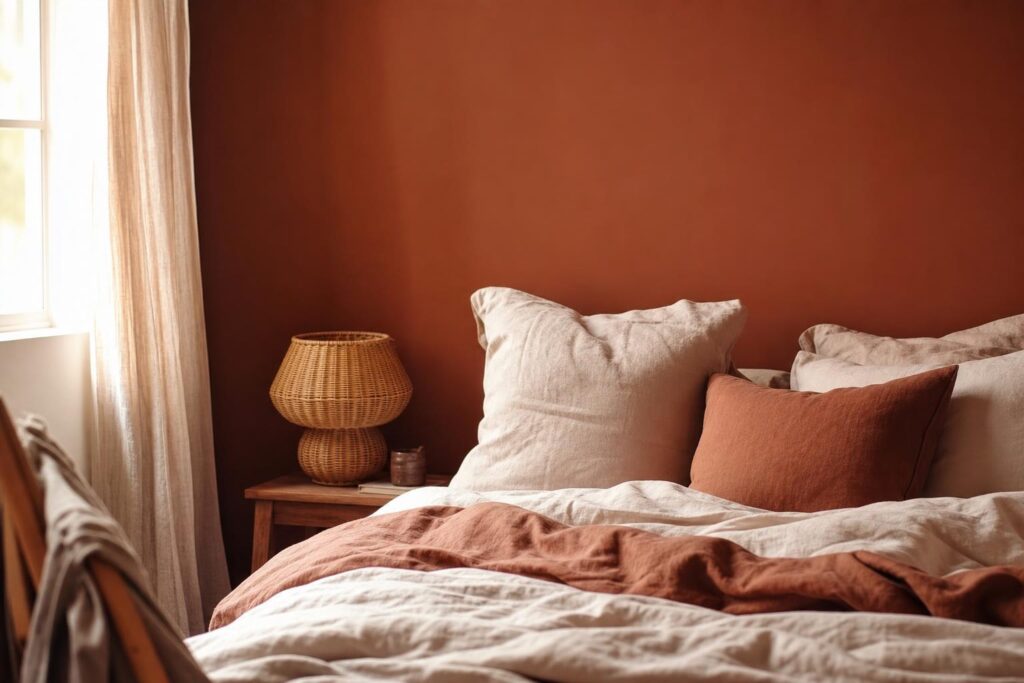 Petite chambre d'adulte cosy aux murs terracotta, linge de lit en lin et lampe de chevet en rotin.