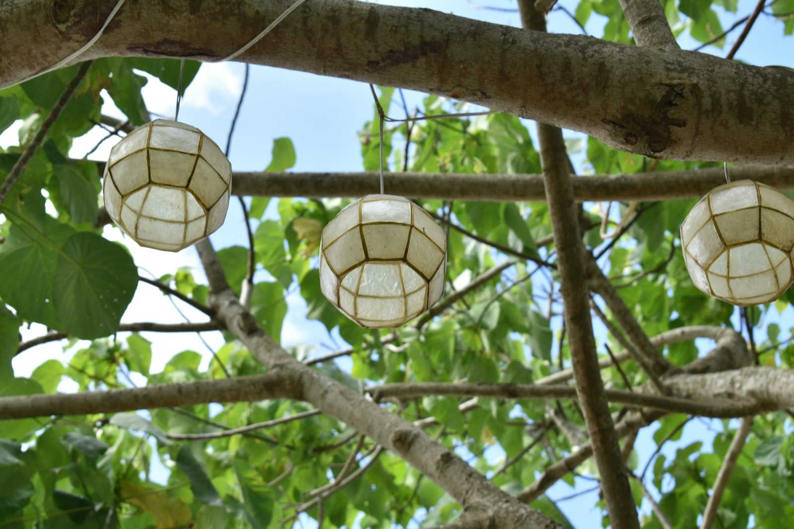Petites lanternes solaires posées au sol sur une terrasse en soirée.
