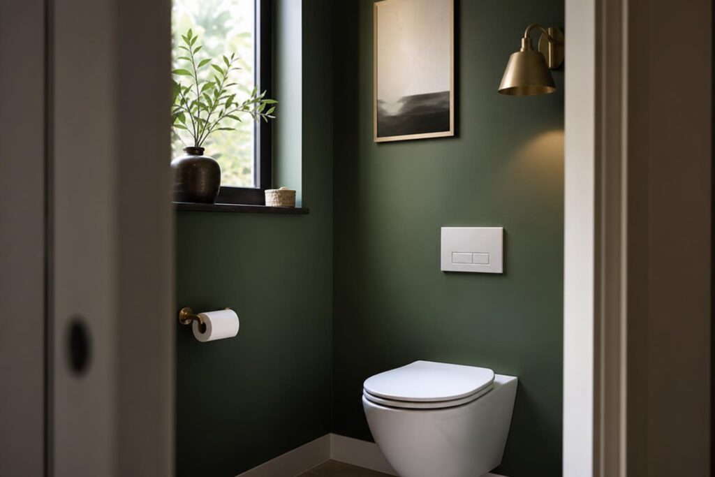 Petits WC aux murs peints en vert profond, cuvette blanche et applique en laiton.