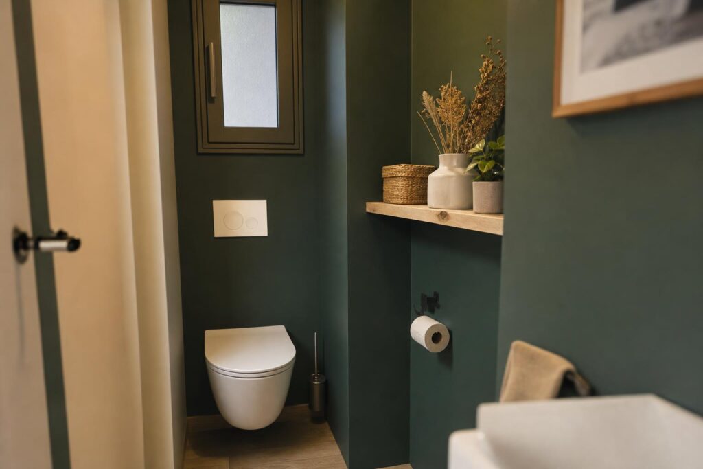 Petits WC rénovés aux murs vert profond, avec WC suspendu blanc et étagère en bois clair.