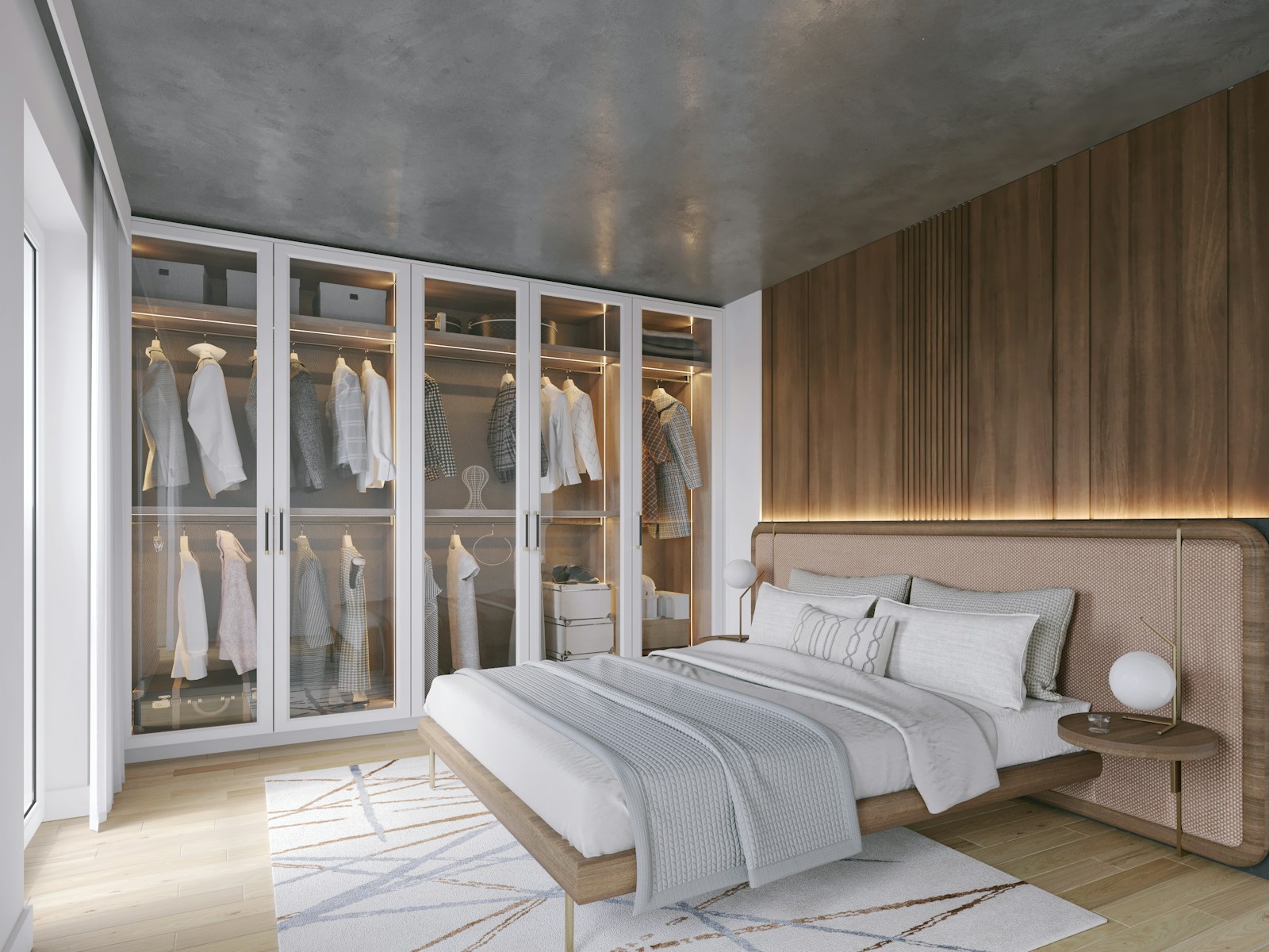 Placard toute hauteur intégré dans une chambre, portes en bois.