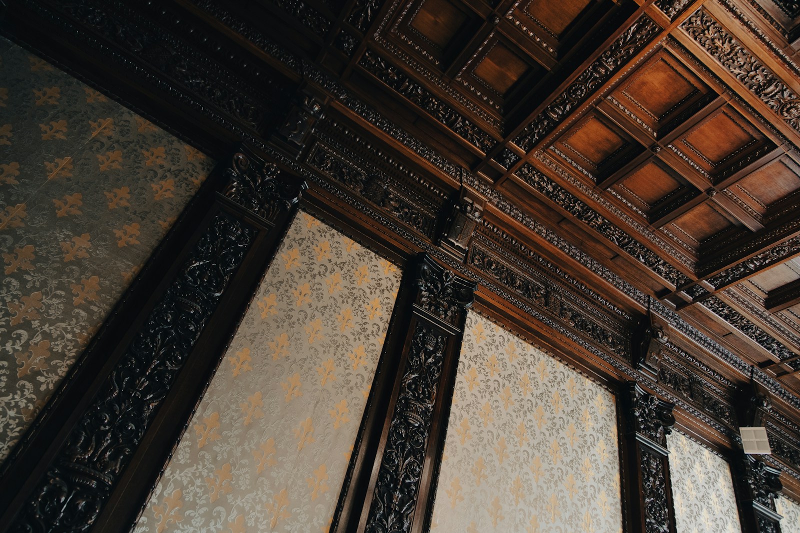 Plafond à caissons de bois dans une pièce de réception élégante.