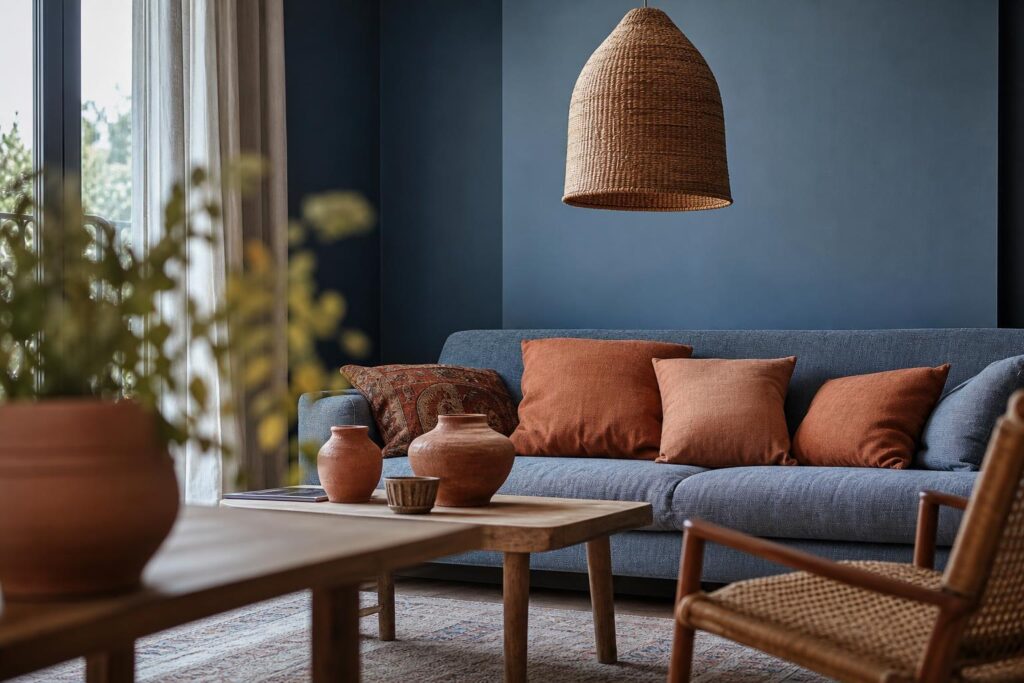 Salon aux murs bleu grisé avec coussins et poteries terracotta, exemple d'accord de couleurs complémentaires.