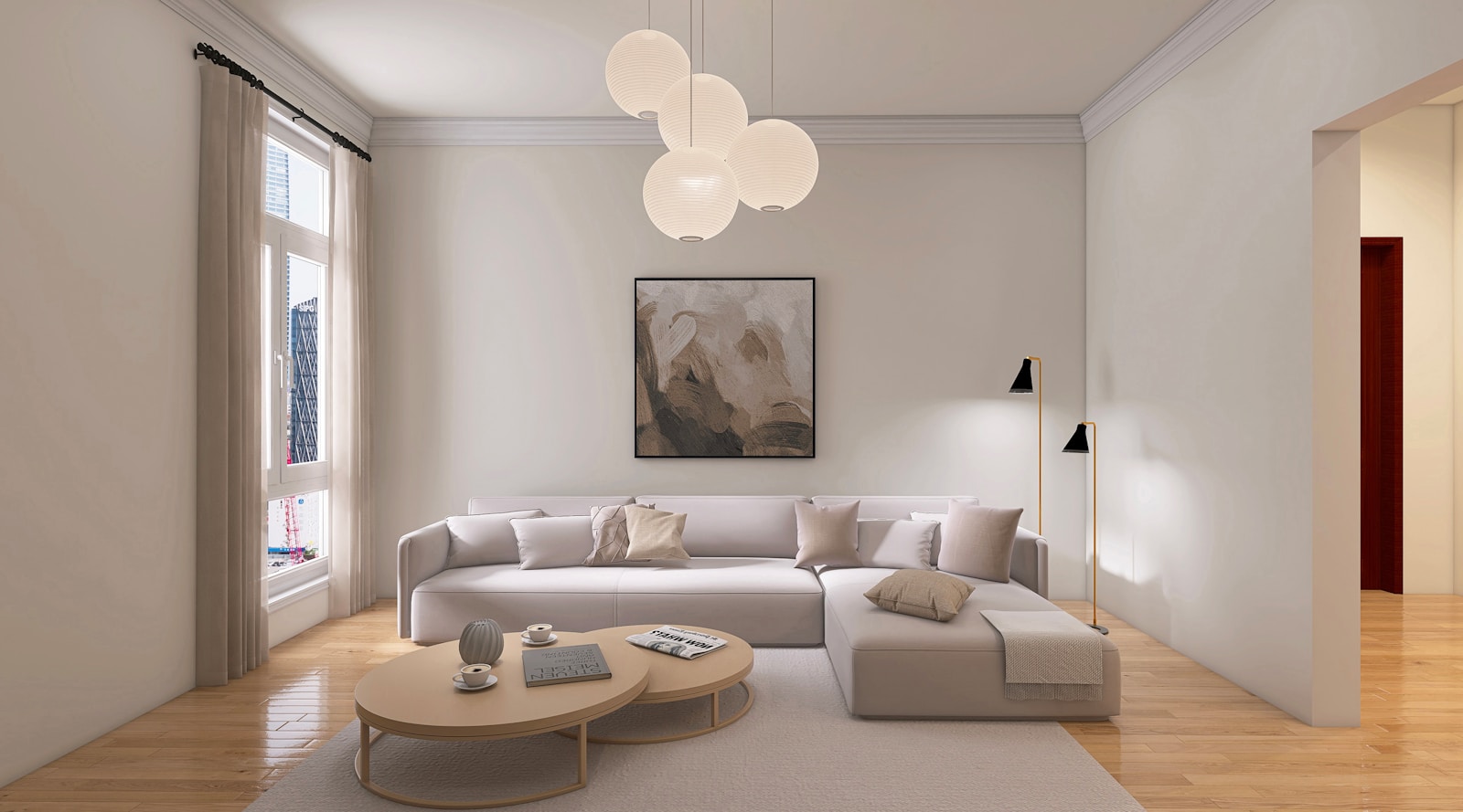 Salon beige uniforme, sans relief ni variation de matière