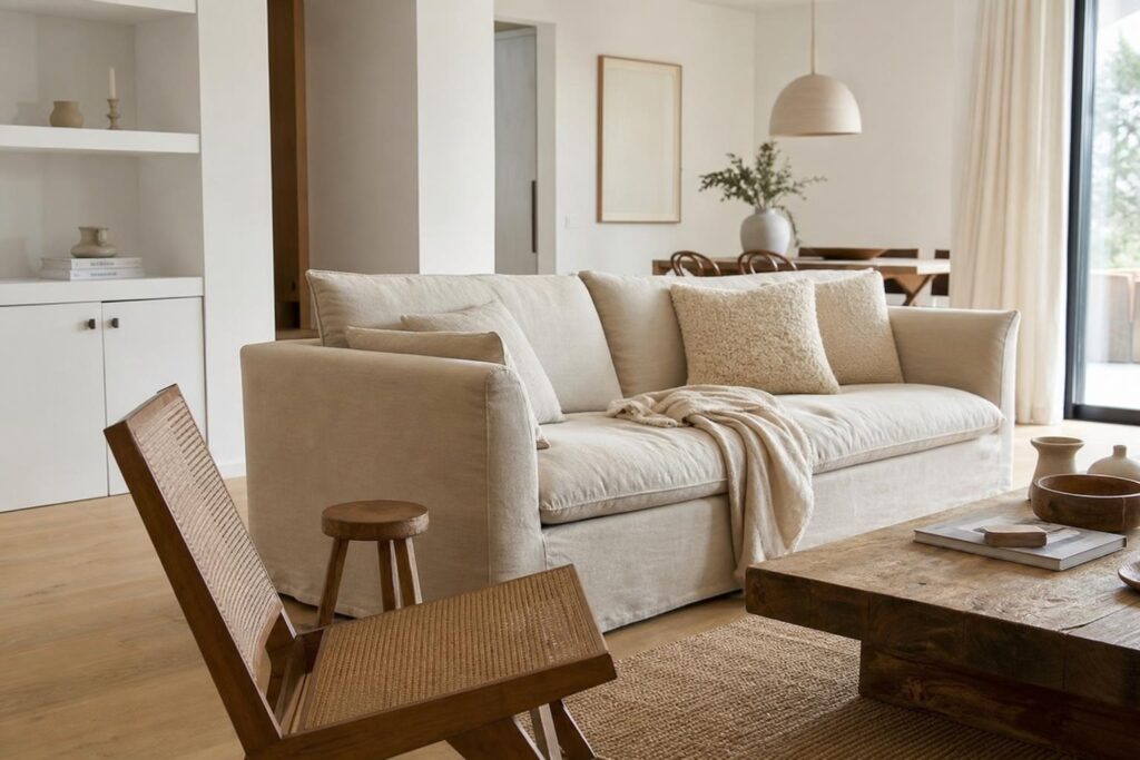 Salon en blanc et beige avec canapé en lin lavé, coussins en laine bouclée et parquet en chêne clair.