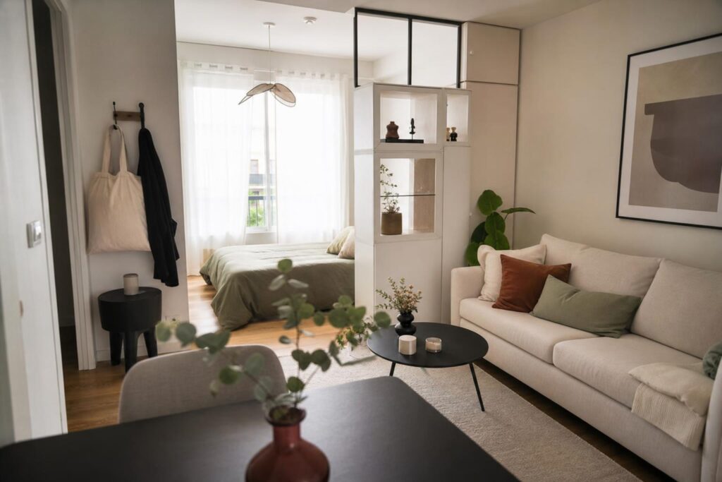 Studio de 20 m² aménagé en zones distinctes, avec canapé clair, coin repas et lumière naturelle.