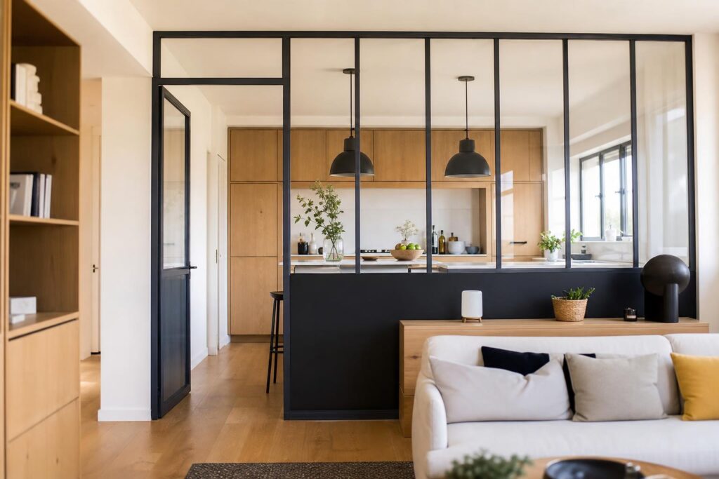 Verrière en acier noir séparant une cuisine du salon dans un intérieur en bois clair.
