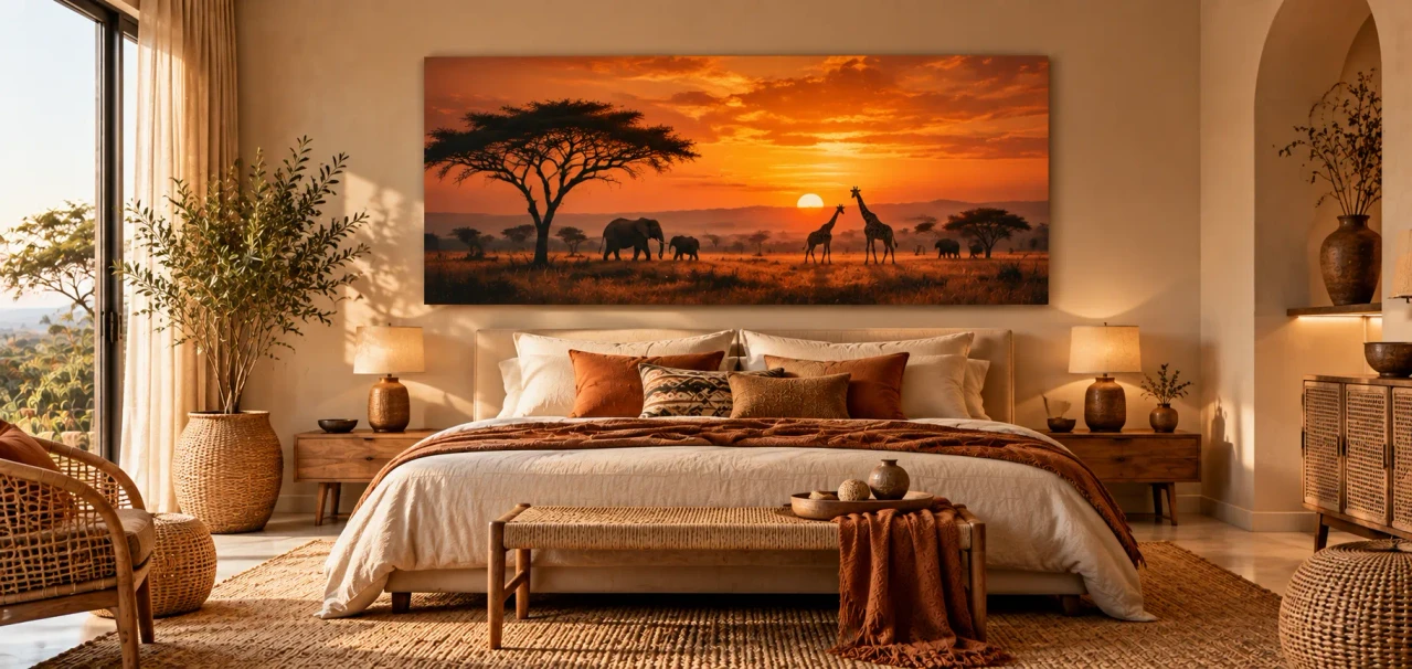 Chambre beige avec tableau de savane africaine au coucher du soleil