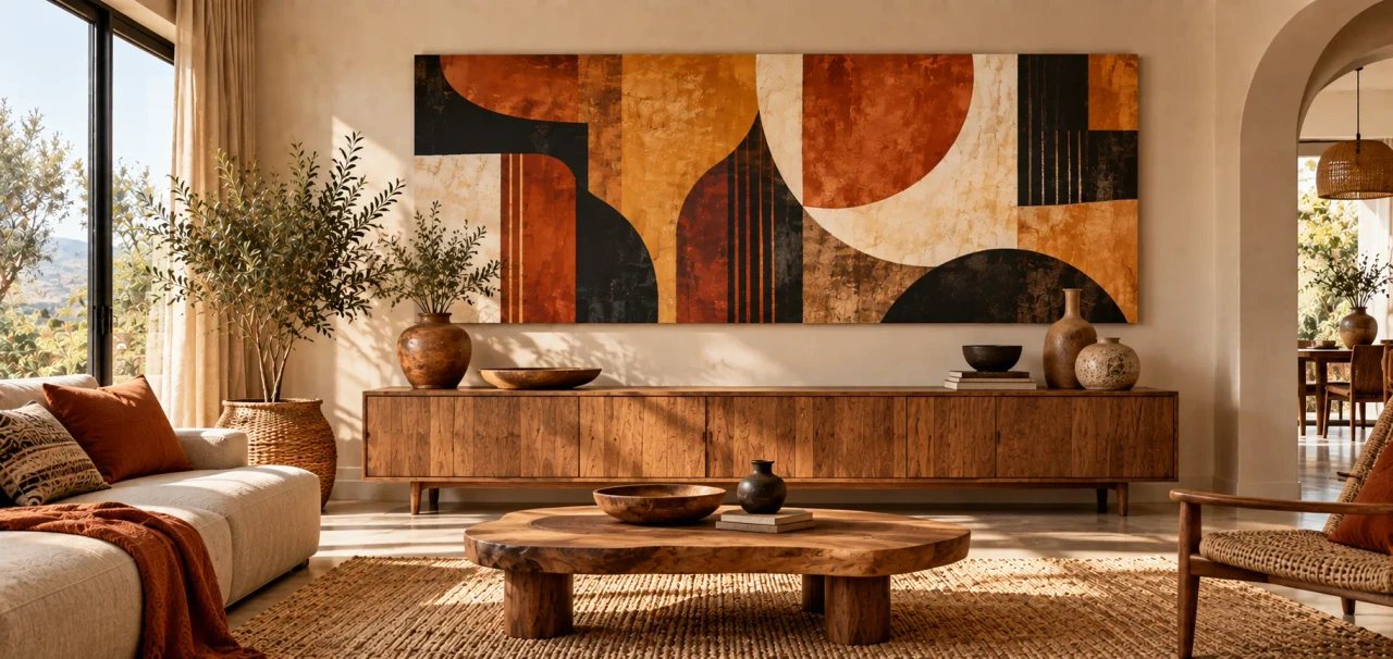 Tableau abstrait ocre et terracotta dans une décoration ethnique moderne